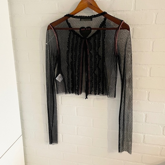 Twin-Set by Simona Barbieri Crop Blouse Cardigan Sheer Lace Black Heart Y2K Sz M - Picture 2 of 15